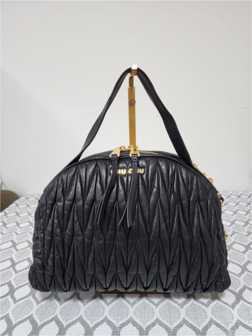 Authentic Miu Miu Matelasse Leather Dome Shoulder Bag Black